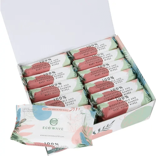 ECO WAVE Baby Wipes, 100% Biodegradable & Compostable Eco-Friendly Bamboo Water Wipes, Unscented, Hypoallergenic, Vegan, Alcohol-Free, Suitable For Sensitive Skin, 768 Wipes