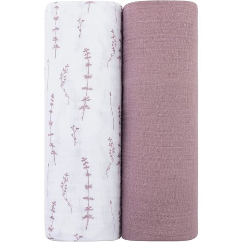 Ely's & Co. Muslin Swaddle Blanket 2-Pack — 100% Cotton Muslin Extra-Large Swaddle Blankets (47” x 47”) Solid + Printed (Delicate Leaves + Solid Lavender)