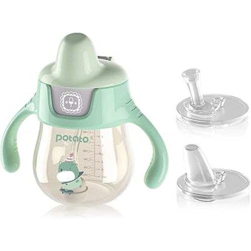 POTATO Sippy Cups For Toddlers with Straw Spill Proof, PPSU Learner Cup with Handle for Babies, Water Bottle for Baby 6 Months with 2 Type of Spout, 6 Ounce Green