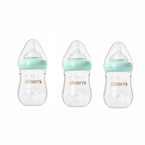 Glass Baby Bottles, Anti Colic Breastfeeding Bottle with Natural Response Nipple for Newborn Preemie 0+ Month, BPA Free, Wide Neck, Blue/3Pack/5oz