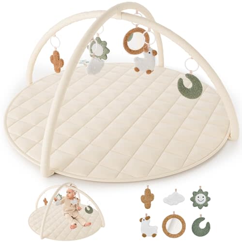 Beautiful Baby Play Gym and Tummy Time Mat - Soft Cotton Mat with 6 Cute Toys Creates The Perfect Activity Area for Your Girl/Boy - Stylish Infant Floor Playmat Fits Nicely with Any Playroom Decor