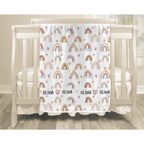 Personalized Baby Blanket: Boho Rainbows, Custom Name, Soft Sherpa or Minky