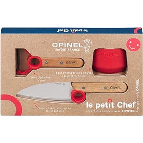 Opinel Le Petit Chef Complete 3 Piece Kitchen Set, Chef Knife with Rounded Tip, Fingers Guard, Peeler, For Children and Teaching Food Prep and Kitchen Safety, Made in France
