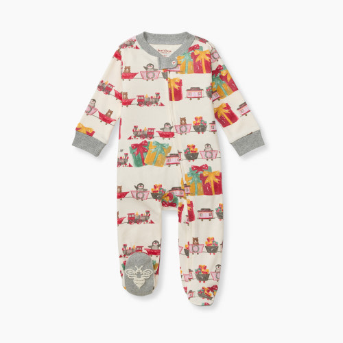 Burt's Bees Baby Holiday Organic Sleep & Play Zip-Up Footie Pajamas - Holiday Toy Train, 0-3 M