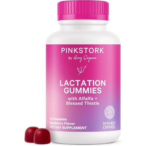 Pink Stork Lactation Supplement Gummies - Support Breast Milk Supply with Milk Thistle, Alfalfa, Vitamin D, and B12, Postpartum Recovery, Breastfeeding Essentials - Raspberry, 40 Count