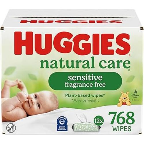 Huggies Natural Care Sensitive Lingettes pour bébé, non parfumées, hypoallergéniques, 99 % d'eau purifiée, 12 paquets à rabat (768 lingettes au total)