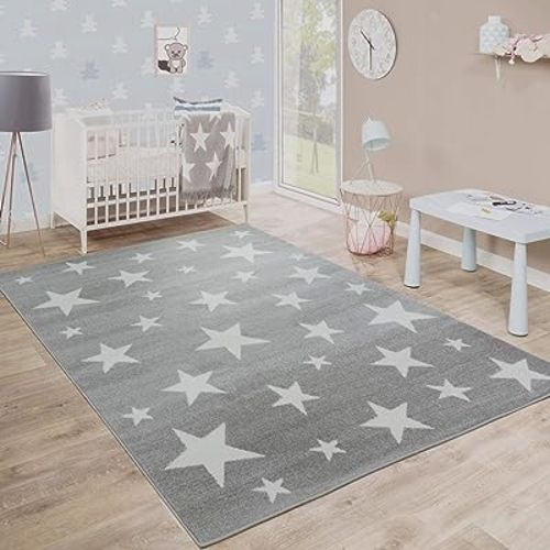 Kids Room Rug Starry Sky Design Star Trend for Playroom Pastel in Grey White, Size:3'11" x 5'7"