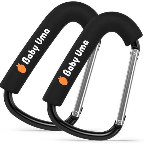 Baby Uma XL Stroller Hooks for Bags (2 Pack) - Universal Stroller Clips and Hooks with Foam Handle, 11 lb Weight Capacity per Carabiner, Adjustable & Non-Slip, Baby Travel Essential