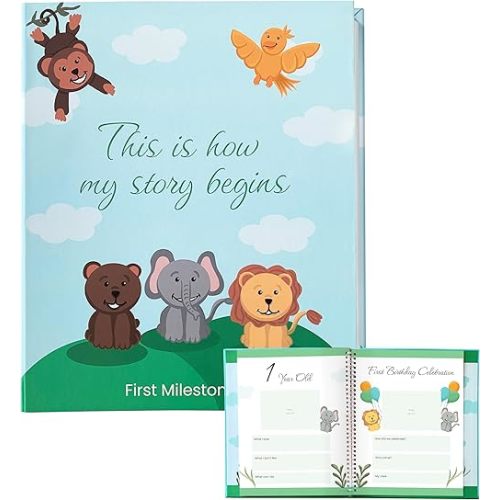 Baby Book keepsake | Blue Hard Cover Animal Baby Memory Book | Baby's First 5 Years book | Baby Scrapbook to Capture Precious Moments Milestone Keepsake For Boy Or Girl | Baby Gift