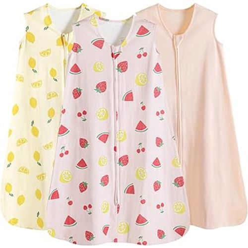 PHF Soft Baby Sleep Sack 6-12 Months 100% Organic Cotton Wearable Blanket, 2-Way Zipper 0.5 TOG Toddler Sleeping Sack 3 Pack, Comfy Sleep Bag for Baby Boys Girls, Lemon (Medium)