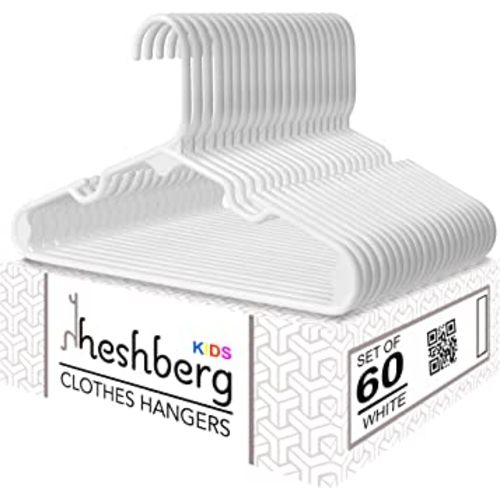Heshberg Baby and Kids Hangers - Small Plastic Closet Clothes Hangers for Babies Infant Toddler Children - 60 Pack (White)