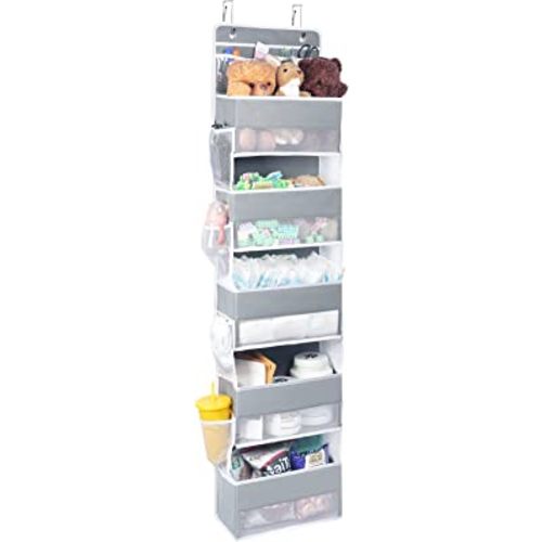 Univivi Over Door Hanging Organizer Storage with 5 Large Pockets and 2 Small PVC Pockets for Cosmetics Wall Hanging Storage Organizer for Pantry Baby Nursery Bathroom Closet Dorm(Grey)
