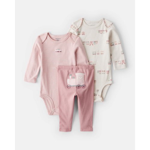 Baby Girl 3-Piece Train Print Long-Sleeve Bodysuit & Pant Set - Pink | Carter's