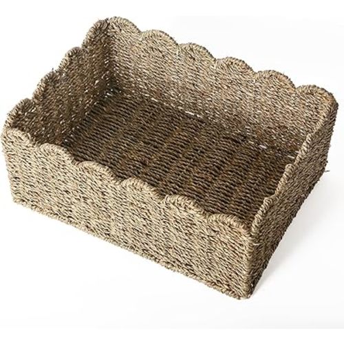 Scalloped Edge Basket, Wicker Storage Baskets, Hand Woven Baskets for Shelves,Natural Baskets for Organizing (M-14" L x 10.5" W x 6" H-Seagrass)