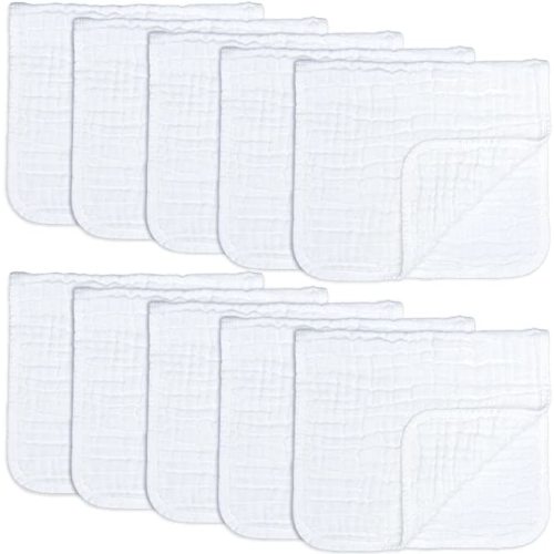 Muslin Burp Cloths Large 100% Cotton Hand Washcloths 6 Layers Extra Absorbent and Soft by Comfy Cubs (White, 10-Pack, 20" X10" )