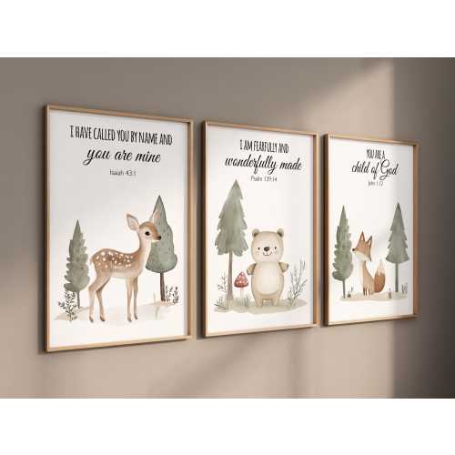 Nursery decor woodland, Woodland Nursery Wall Art, Woodland Print Set, animal prints, Woodland Animal bible verse, christian art verse print