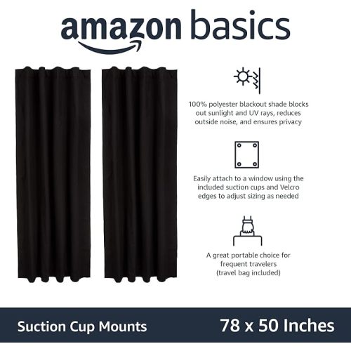 Amazon Basics Portable Window Blackout Curtain Shade with Suction Cups for Travel, 2-Pack, 78"L x 50"W, Black