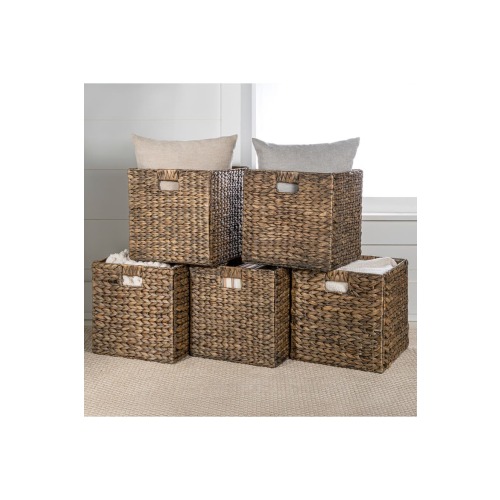 Bryce Classic Farmhouse Handwoven Hyacinth Collapsible Storage Cube Baskets with Handles,