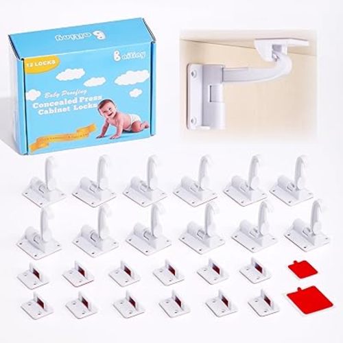 Invisible Baby Proofing Cabinet Latch Locks (12 Pack) - No Drilling or Tools Required for Installation