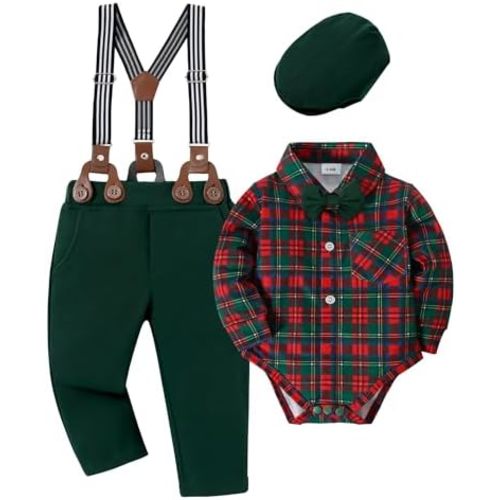 YALLET Baby Boy Clothes Set Infant Tuxedo Long Sleeve Gentleman Suit Outfits + Beret Hat + Suspender Pants + Bowtie 0-18M