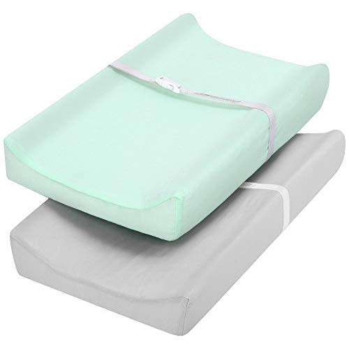 TILLYOU Changing Pad Cover Set in Soft Jersey Material - Fits 32"/34''x16 Contoured Pad for Babies, Lt Green & Lt Gray