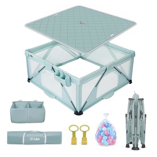 Foldable Baby Playpen, iTiLike Large Playard with Detachable Thicken Mat, Playpen for Babies and Toddlers with Storage Bag, Play Pens with Gate, Indoor & Outdoor Portable Play Yard, Sturdy Baby Fence - Mint Green - 47*63 Inch