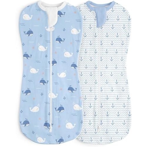 Baby Swaddle 0-2 Months, Cotton Arm-In Zipper Sleep Sack, Wearable Blankets Wrap for Newborn Infant Girls and Boys (Whale, Anchor, Pack of 2)