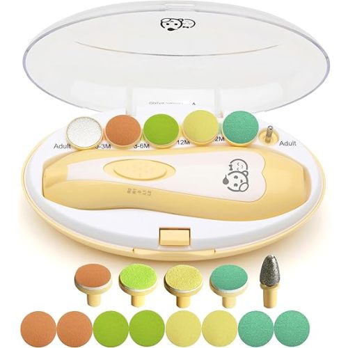 Baby Nail Trimmer 21 in 1, Usage Labeled Case & 13 Extra Replacement Tools, Royal Angels Baby Electric Nail File, Baby Nail Care, Nail Clipper Newborn Toddler Toes & Fingernails Nail Kit (Yellow)