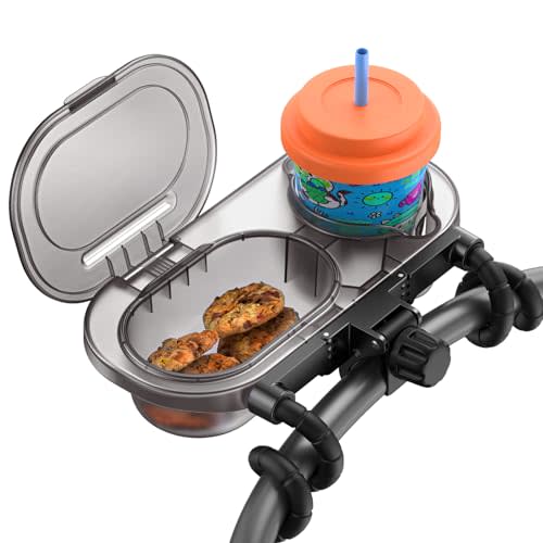Universal Stroller Snack Tray: Cup Holder Tray with Silicone Flexible Arms Grip Stroller Tray with Dust Cover - Stroller Tray Attachment with Cups Holder for Baby & Toddler Stroller Accessories
