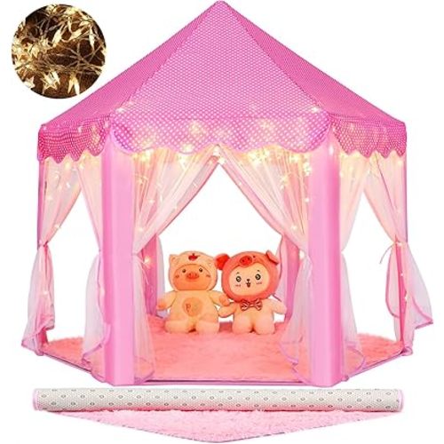 Monobeach Princess Tent Girls Large Playhouse Kids Castle Play Tent with Star Lights Toy for Children Indoor and Outdoor Games, 55'' x 53'' (DxH) (Pink Princess Tent with Play Mat)