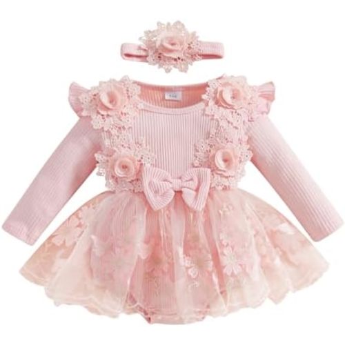 Baby Girl Romper Dress Baby Dress Romper Lace Flowers Infant Fall Winter Festival Clothes with Headband