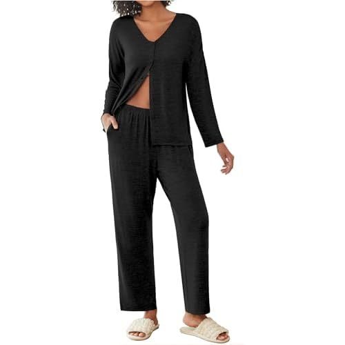 Ekouaer Womens Pajama Sets Button Up Long Sleeve Pjs Ribbed Knit Soft Lounge Set 2 Piece Sleepwear with Pockets