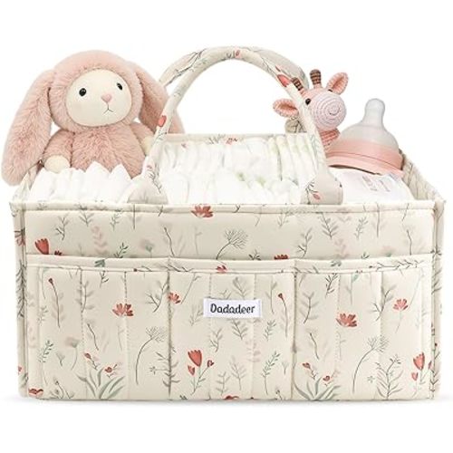 Baby Diaper Caddy Organizer, Portable Nursery Storage Basket for Newborn Essentials, Changing Table & Car Caddy Organizer, Gift for Baby Shower, Registry Must-Have for Boy Girl, Floral Beige