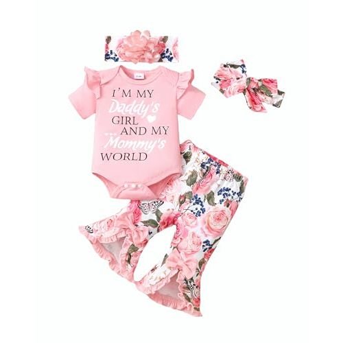SUNNY PIGGY Newborn Baby Girl Clothes Infant Outfits Romper Floral Fall Outfit Bell Bottoms Pant Sets Hat Headband Flowerpant