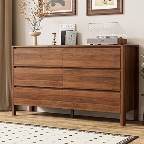 55" Mid-Century Modern Dresser for Bedroom, 6 Drawer Wide Chest of Drawers with Solid Wood Legs, Large Storage Bedroom Dresser, Walnut