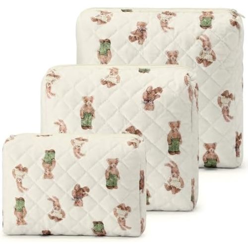 3 Pack Diaper Bag Organizer Pouch Set Quilted Cotton Cute Bear Diaper Pouches Fabric Coquette Cosmetic Makeup Bag Set Soft Toiletry Bags Travel Organizer Bags for Women and Girls