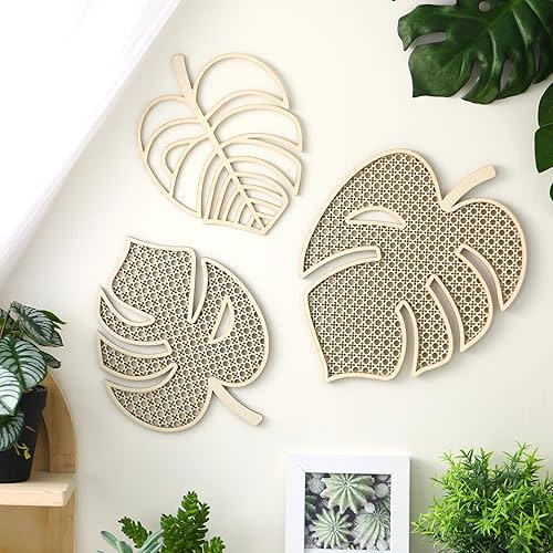 3 Pcs Wooden Rattan Palm Tree Wall Decor Monstera Leaf Wooden Boho Art Tropical Plant Rattan Wall Decor for Home Bathroom(Wood Color)