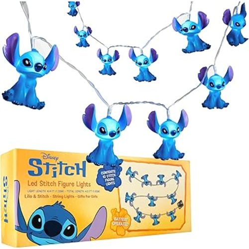 Disney Stitch LED String Lights for Kids, Teens, Adults, 10 Battery Operated Indoor 59” Fairy Lights, Room Decor Lighting, Gifts for Kids (Blue Stitch)