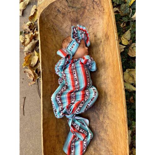 baby gown, knotted gown, tie gown with bow, serape leopard gown, baby going home outfit girl, baby gown coming home outfit, baby gown set