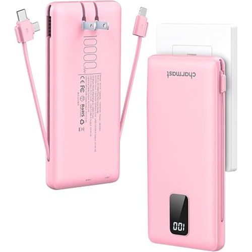 Charmast Portable Charger with Built-in Cables & Wall Plug, 10000mAh Portable Power Bank, External Battery Pack Travel Essentials Compatible with iPhone 16/15/14/13, Samsung, iPad etc