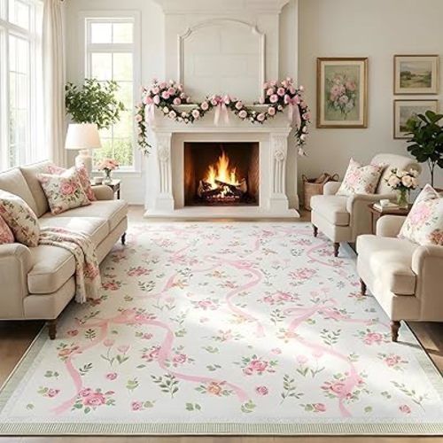 GarveeHome Floral Bow Rugs for Bedroom Girls, 8x10 Area Rug for Living Room
