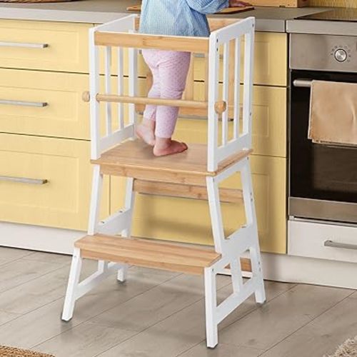 COSYLAND Kids Kitchen Step Stool, Toddler Standing Tower with CPC & FSC Certification, Removable Anti-Drop Railing Safety Rail Enjoys Unique Patented Design A Anti-tip Stable Structure Natural & White