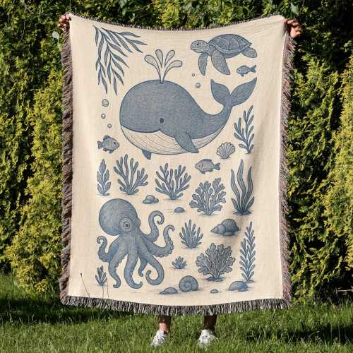 Woven Whale Baby Blanket: 100% Cotton Ocean Nursery Decor