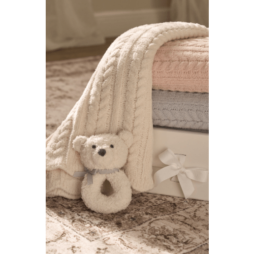 Whisper White Horseshoe Cable Knit Baby Blanket – Elegant Baby