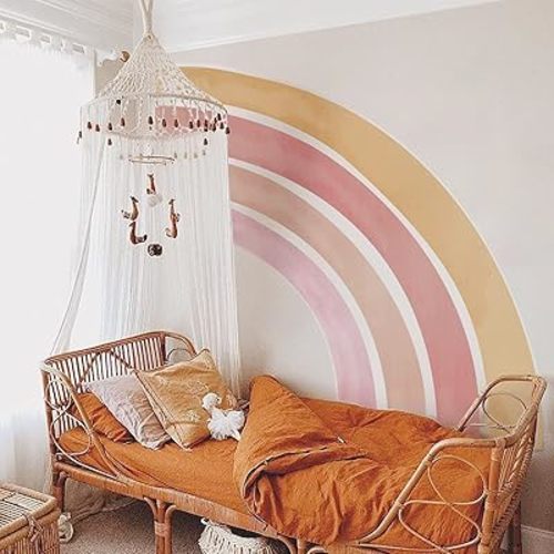 Large Fabric Boho Half Rainbow Wall Decals Peel and Stick, Watercolor Coral Peach Pink Rainbow Wall Art Stickers for Girls Bedroom, Kids Wall Sticker Decor Playroom, 74.02" x 74.02"