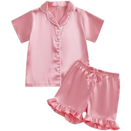 Toddler Kids Girl Silk Pajamas Baby Short Sleeve Button Down Satin Silk Pjs Sleepwear Loungwear Clothes Shorts Set