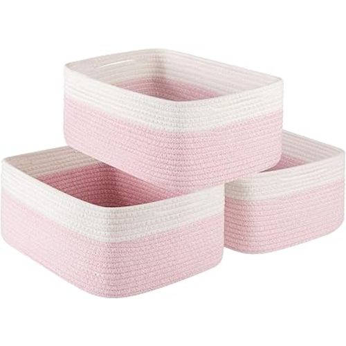 Storage Baskets for Organizing 3 Pack, Woven Baskets for Shelves, Closet Organizer Bins Empty Gift Basket Toy Storage for Toys, Books, Towels, Clothes, 15"x11.42"x6.7", Pink
