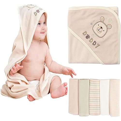 6-Pack Organic Cotton Baby Hooded Towel & Washcloths Set - Ultra Soft, Reusable, Baby Bath Towel for Newborns, Infants & Toddlers, Unisex Gifts, Brown 37.5 x 37.5 Inches