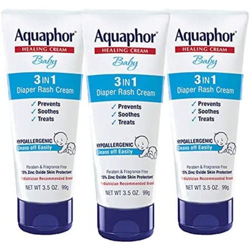 Aquaphor Baby Diaper Rash Cream, 3-in-1 Diaper Rash Relief, 3.5 Oz Tube, Pack of 3