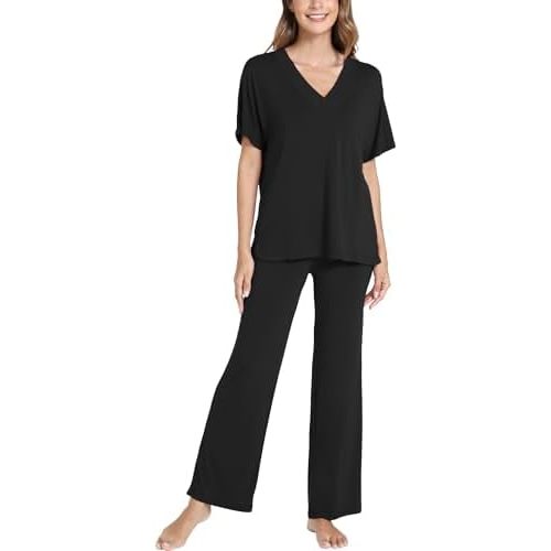 GYS Bamboo Viscose Women's Pajama Sets Short Sleeve V-Neck Sleep Set with Pockets